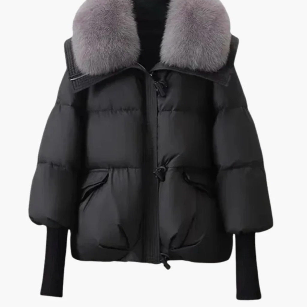 Wilfred Charcoal Puffer Jacket With Fox Ash Fur Collar